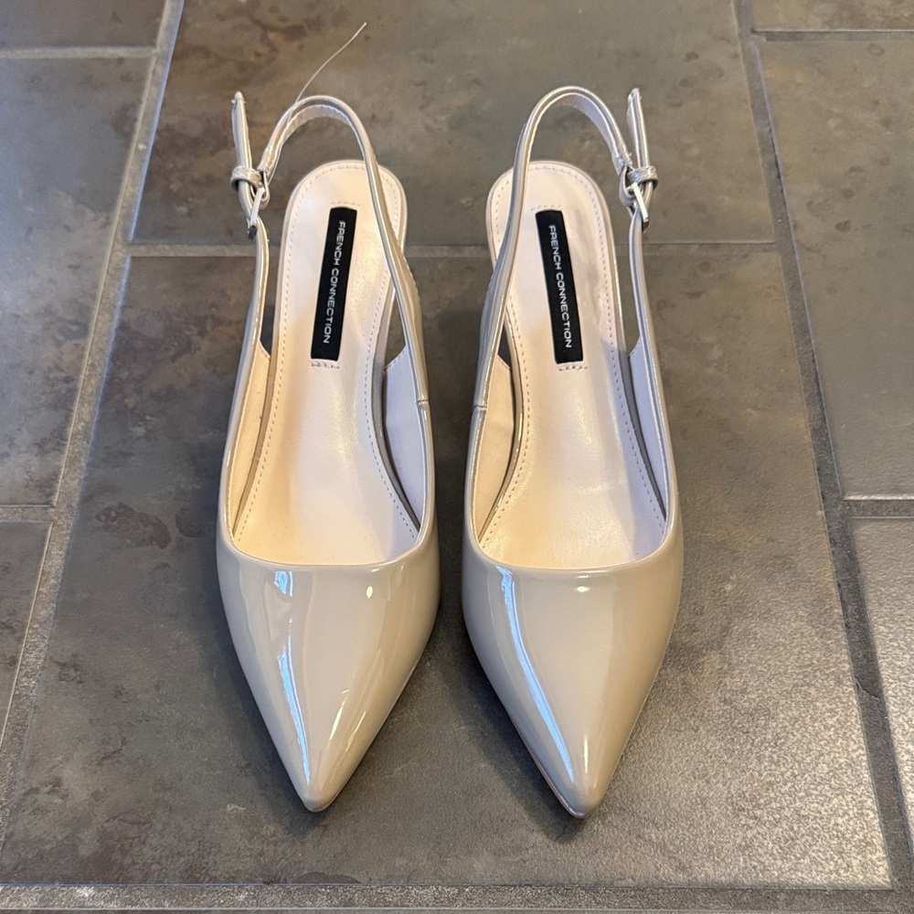 French Connection Slingback Kitten Heels Beige Nude Patent Pointed Toe Size 8